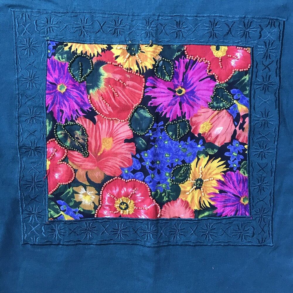 Vintage 90s Y2k T Shirt Tee Women Size M L Floral Colorful Flowers Beaded EEUC - Picture 3 of 7